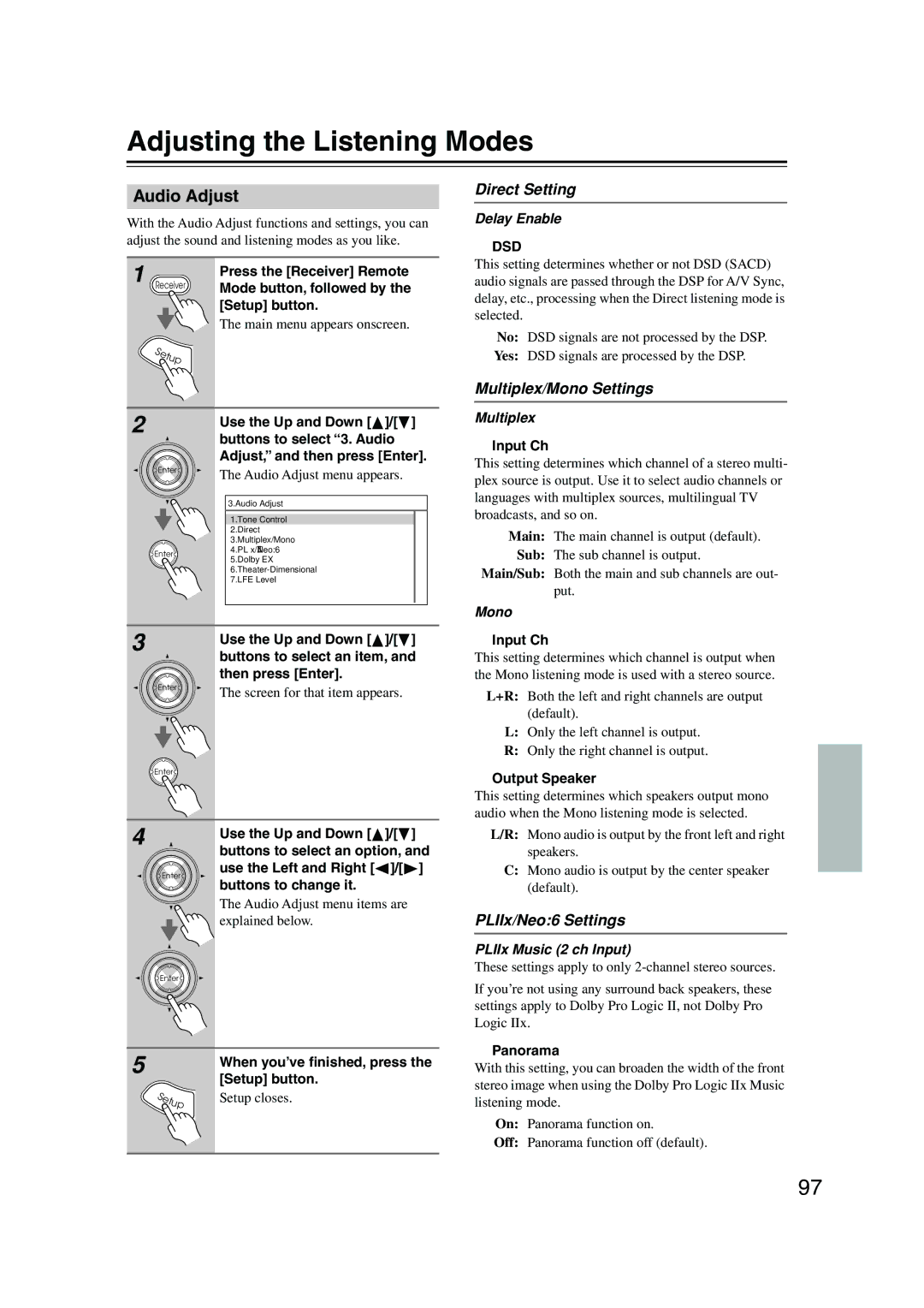 Integra DTR-8.8 Adjusting the Listening Modes, Audio Adjust, Direct Setting, Multiplex/Mono Settings, PLIIx/Neo6 Settings 