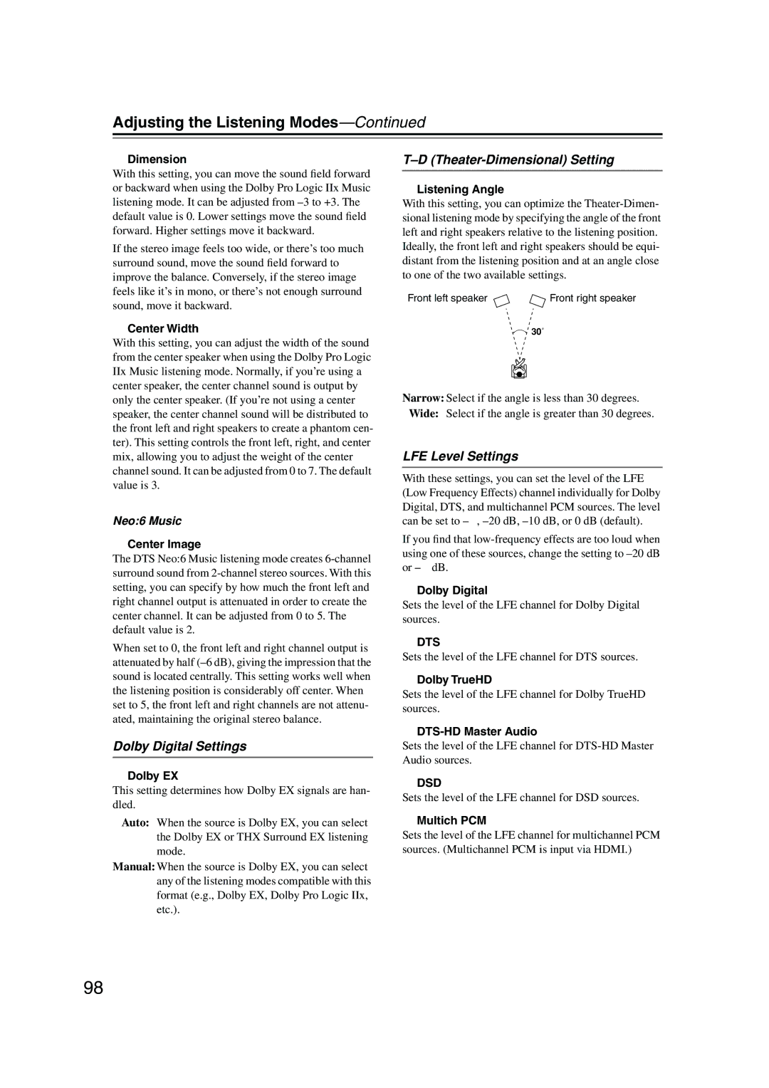 Integra DTR-8.8 Adjusting the Listening Modes, Dolby Digital Settings, Theater-Dimensional Setting, LFE Level Settings 