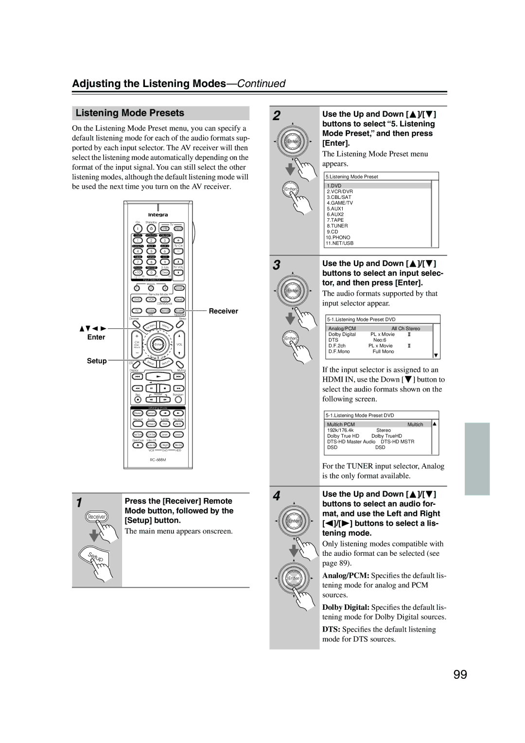 Integra DTR-8.8 Listening Mode Presets, Buttons to select an audio for, Mat, and use the Left and Right, Tening mode 