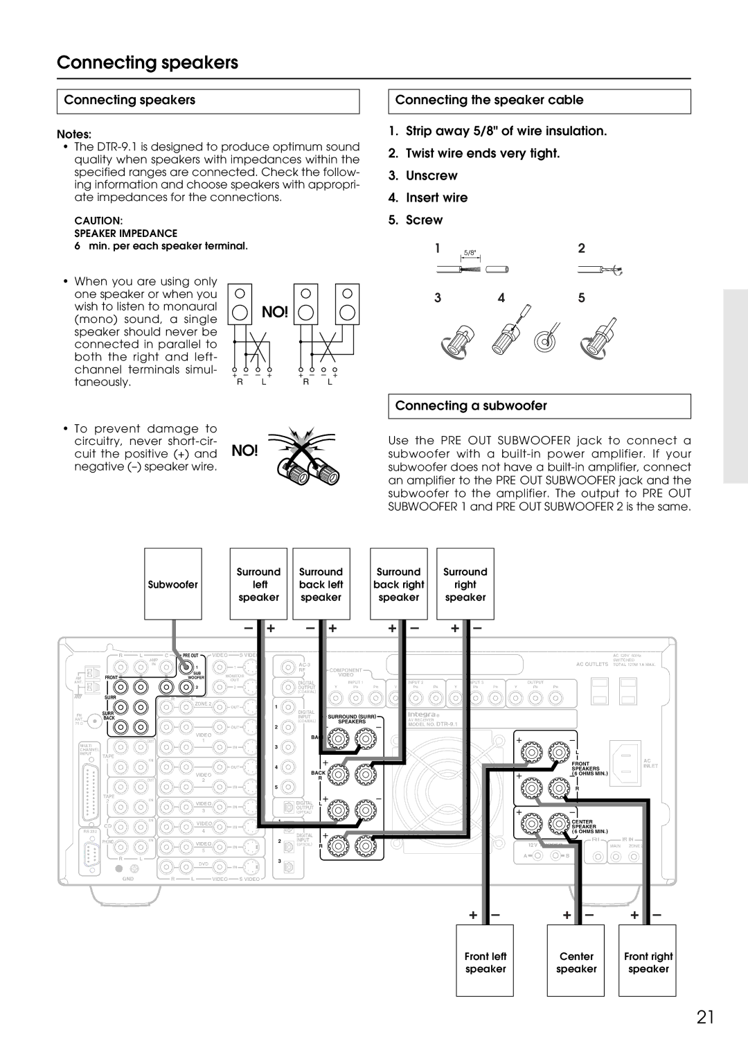 Integra DTR-9.1 appendix Connecting speakers, Connecting a subwoofer 