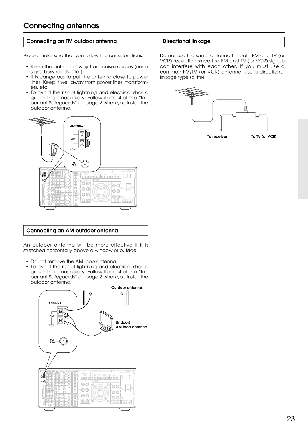 Integra DTR-9.1 appendix Connecting antennas, Connecting an FM outdoor antenna, Connecting an AM outdoor antenna 