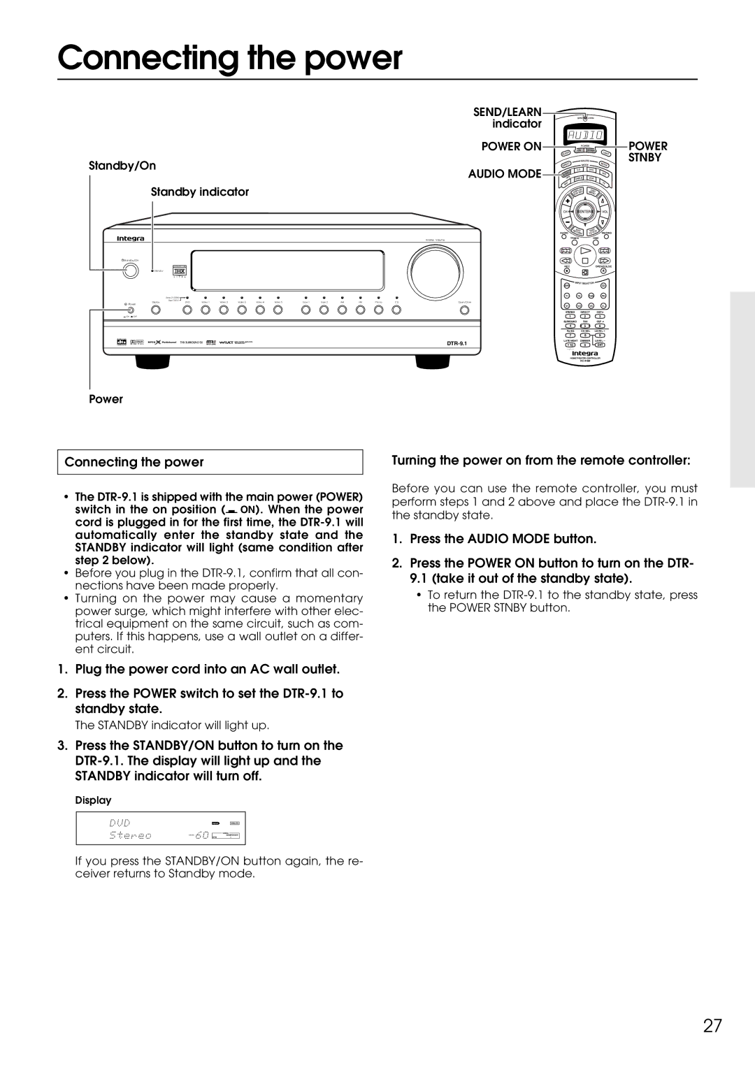 Integra DTR-9.1 appendix Connecting the power, Turning the power on from the remote controller 