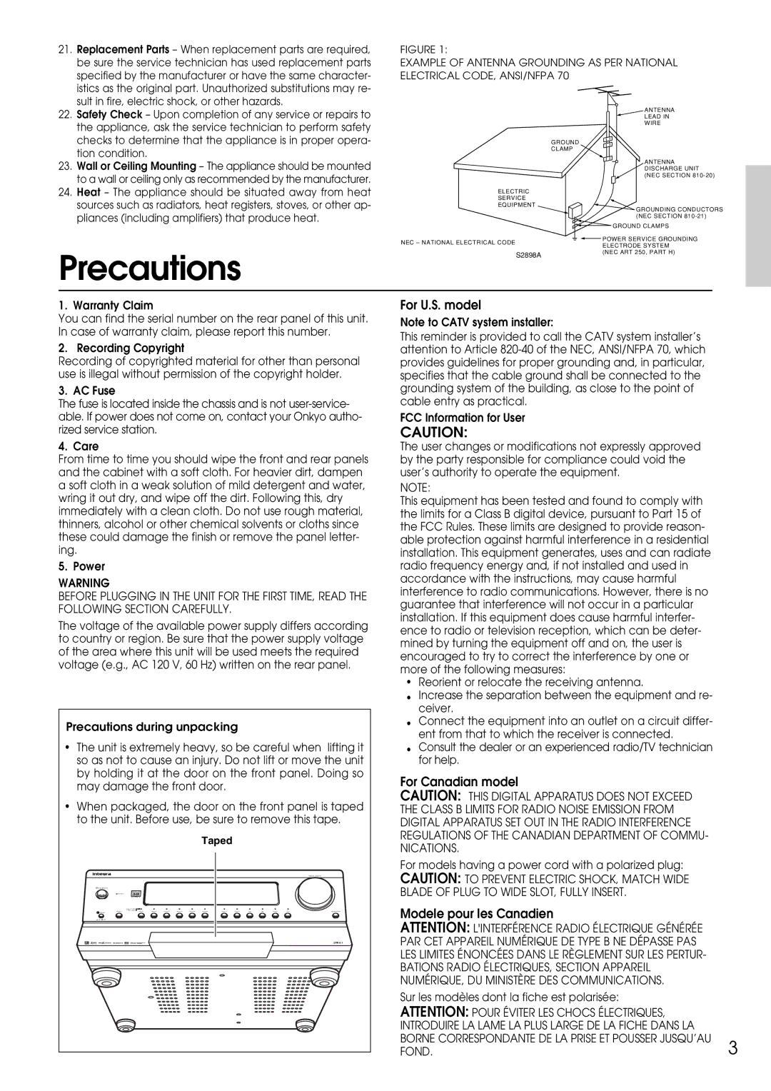 Integra DTR-9.1 appendix Precautions, For U.S. model, For Canadian model, Modele pour les Canadien 