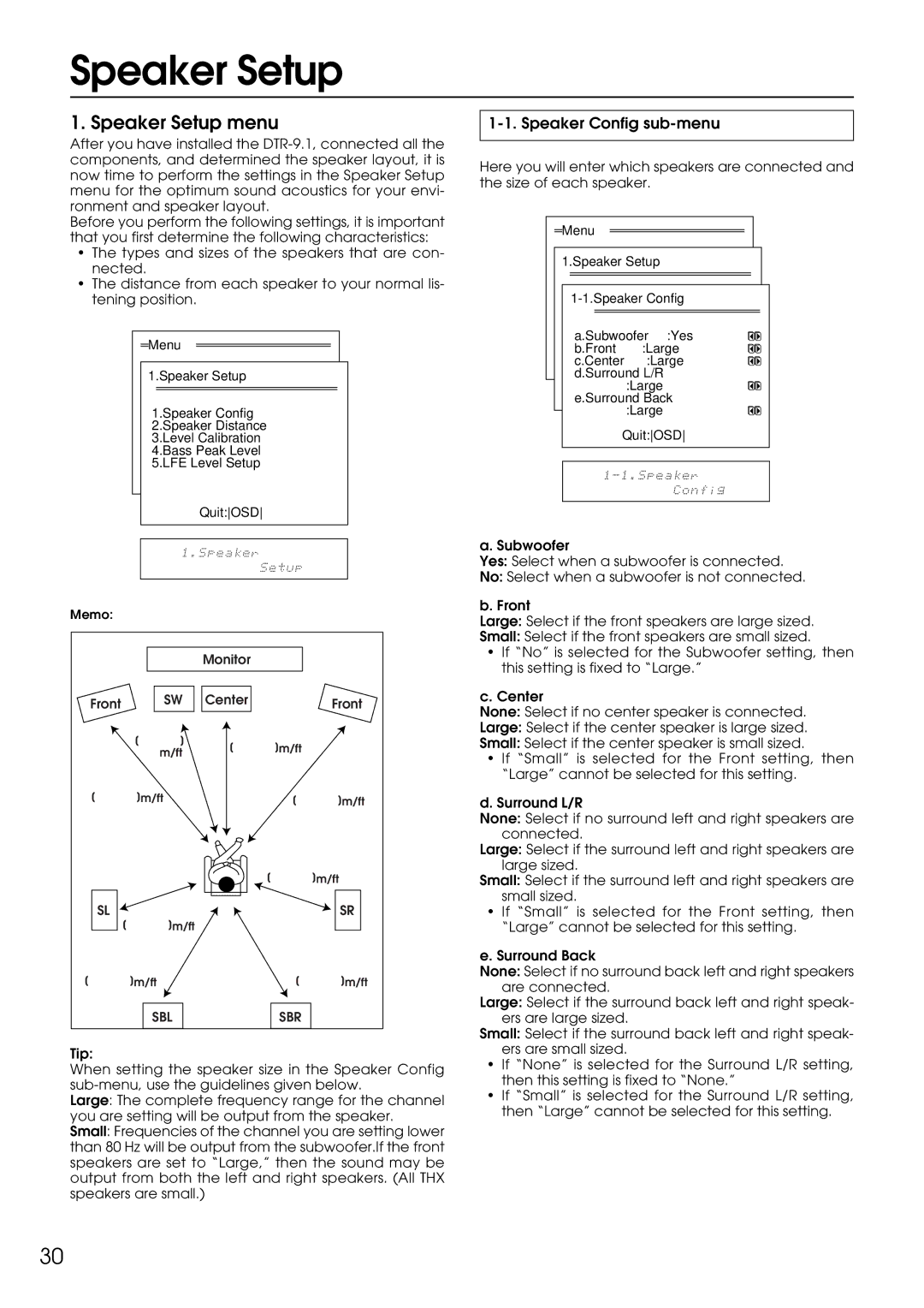 Integra DTR-9.1 appendix Speaker Setup, Speaker Config sub-menu 