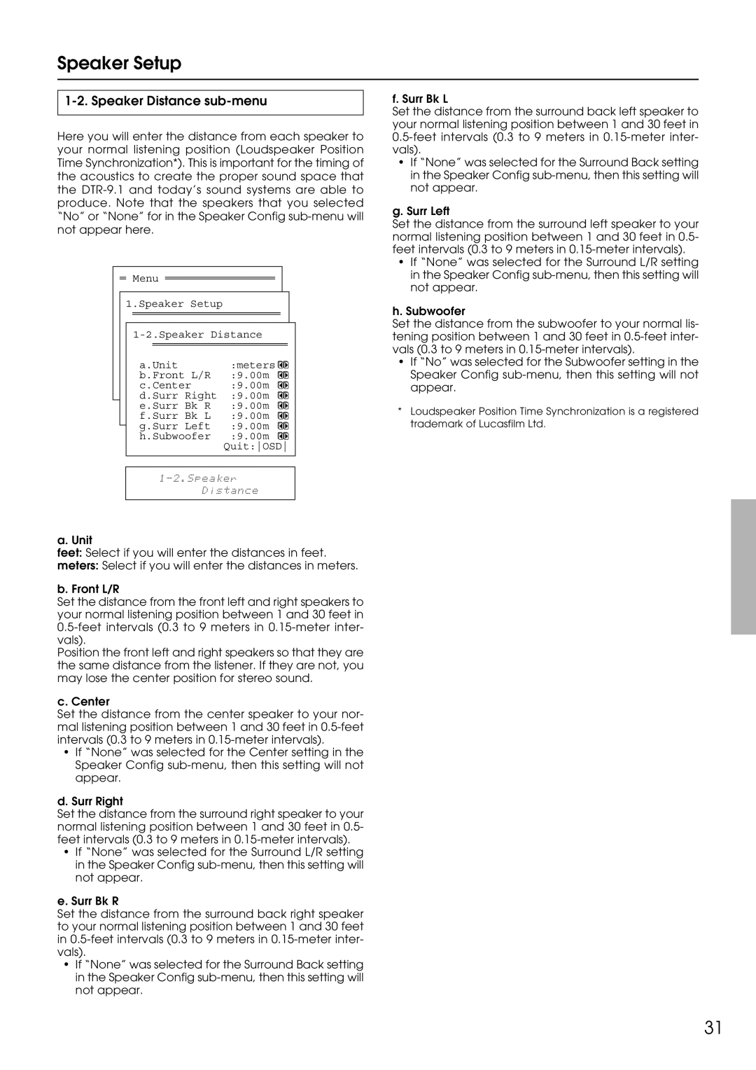 Integra DTR-9.1 appendix Speaker Setup, Speaker Distance sub-menu 