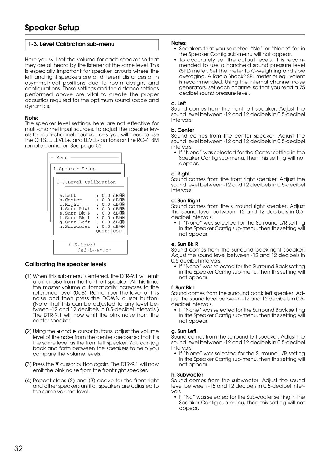 Integra DTR-9.1 appendix Level Calibration sub-menu, Calibrating the speaker levels 