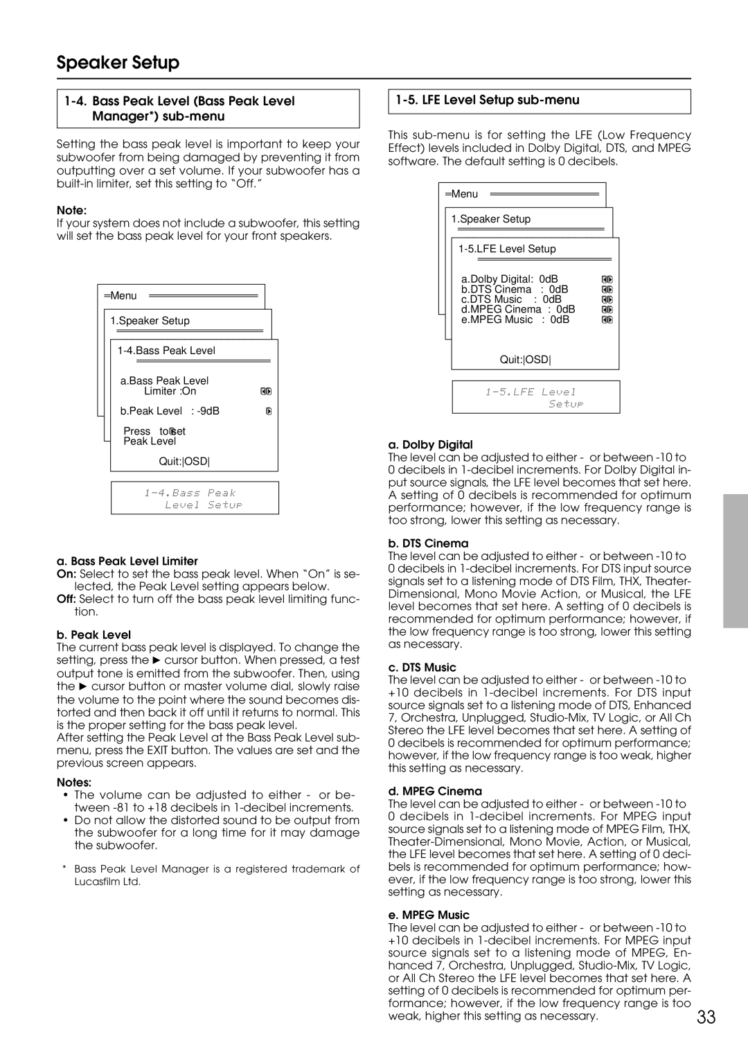 Integra DTR-9.1 appendix Bass Peak Level Bass Peak Level Manager* sub-menu, LFE Level Setup sub-menu 