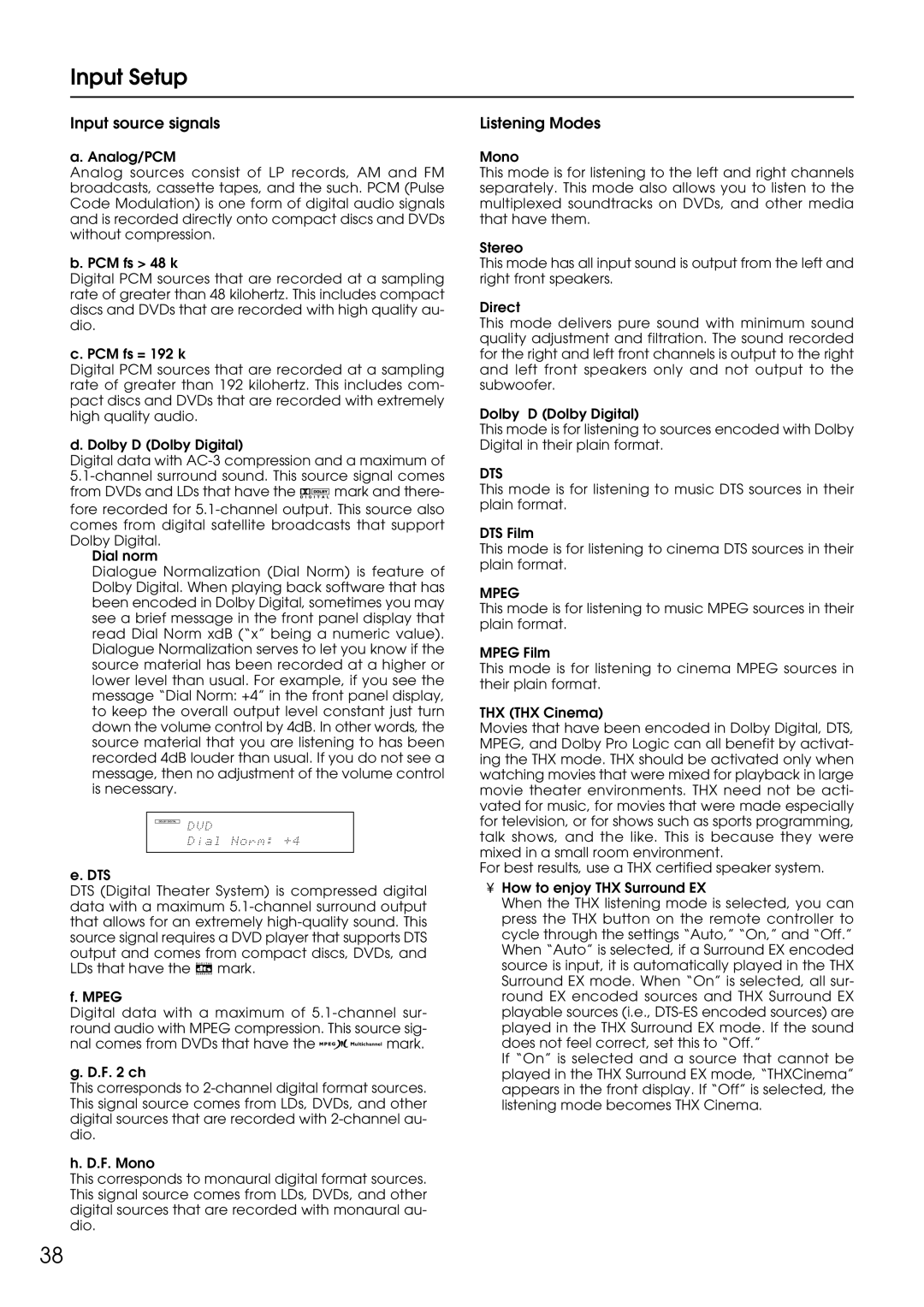 Integra DTR-9.1 appendix Input source signals, Listening Modes 