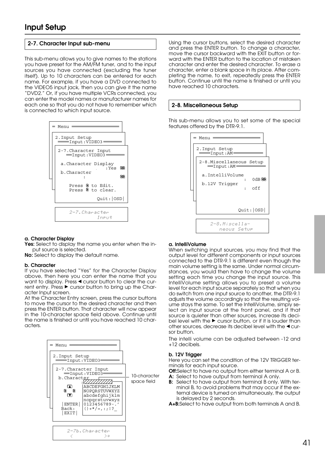 Integra DTR-9.1 appendix Character Input sub-menu, Miscellaneous Setup 