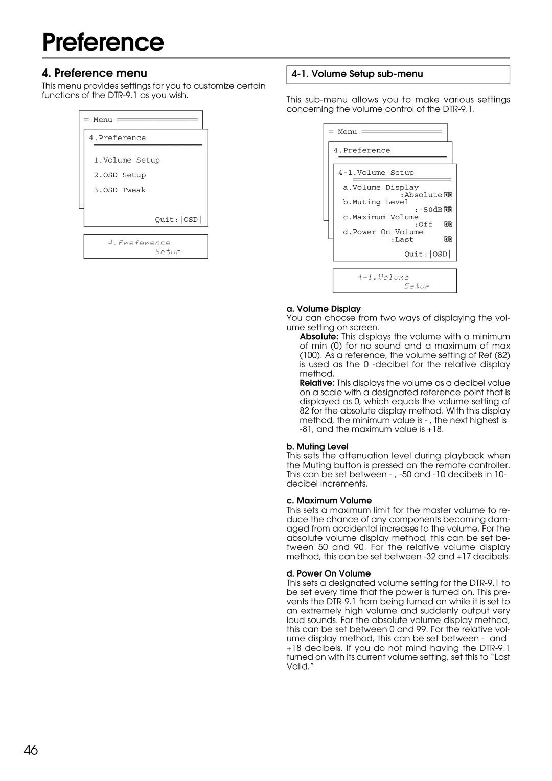 Integra DTR-9.1 appendix Preference, Volume Setup sub-menu 