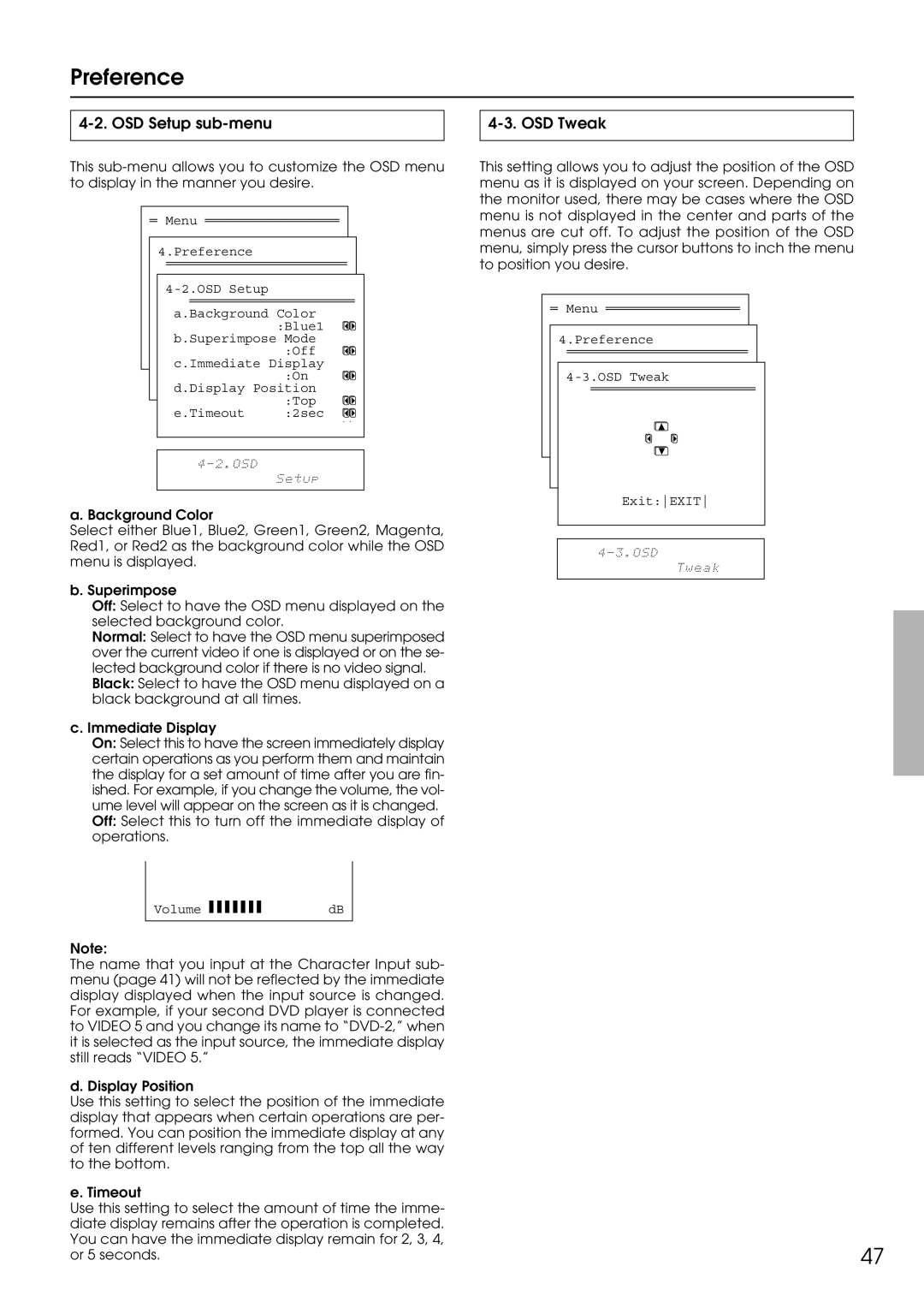 Integra DTR-9.1 appendix Preference, OSD Setup sub-menu, OSD Tweak 