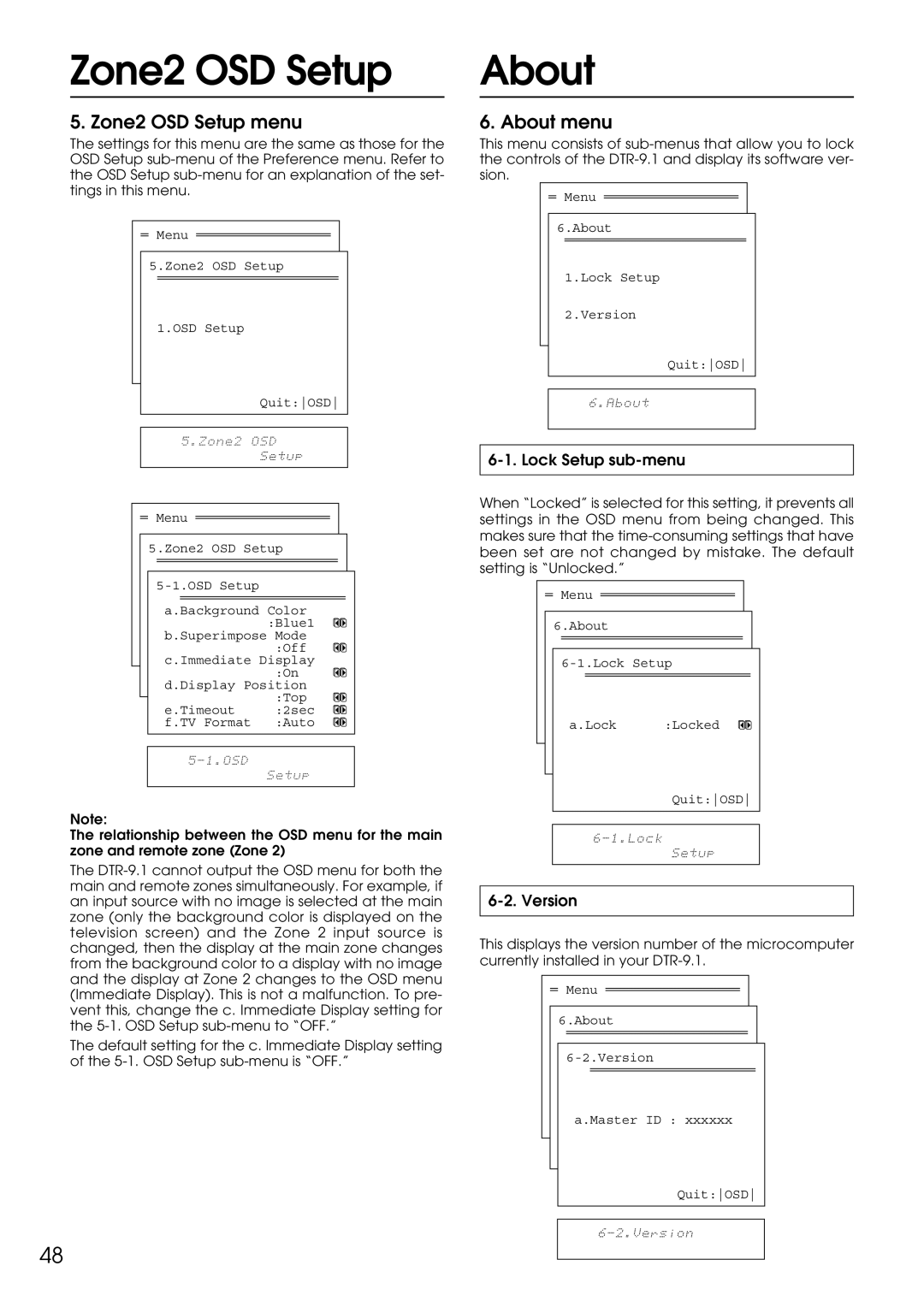 Integra DTR-9.1 appendix Zone2 OSD Setup, About, Lock Setup sub-menu, Version 