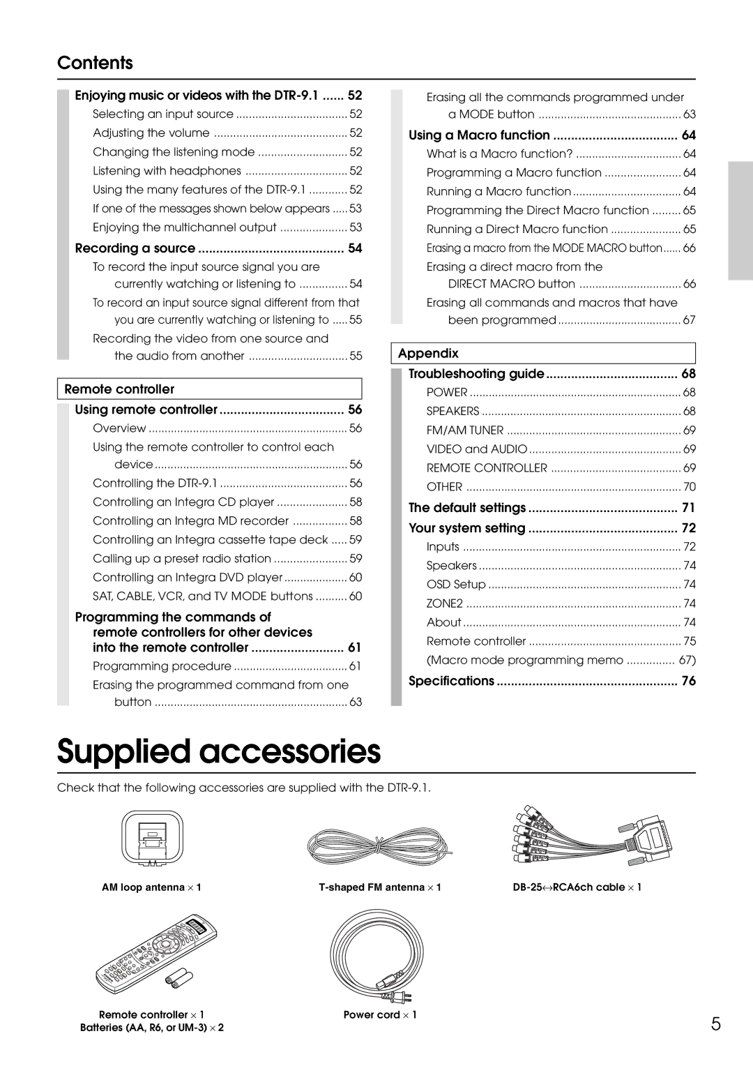 Integra DTR-9.1 appendix Supplied accessories, Contents 