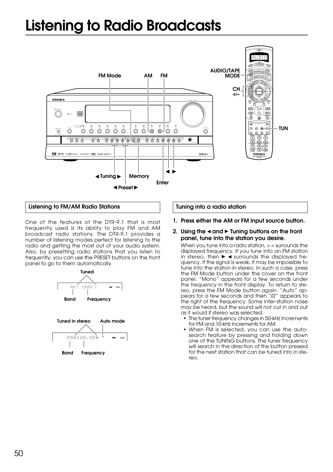 Integra DTR-9.1 appendix Listening to Radio Broadcasts, Listening to FM/AM Radio Stations, Preset 