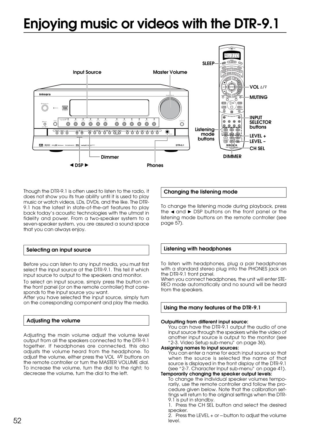 Integra appendix Enjoying music or videos with the DTR-9.1, Changing the listening mode, Adjusting the volume 