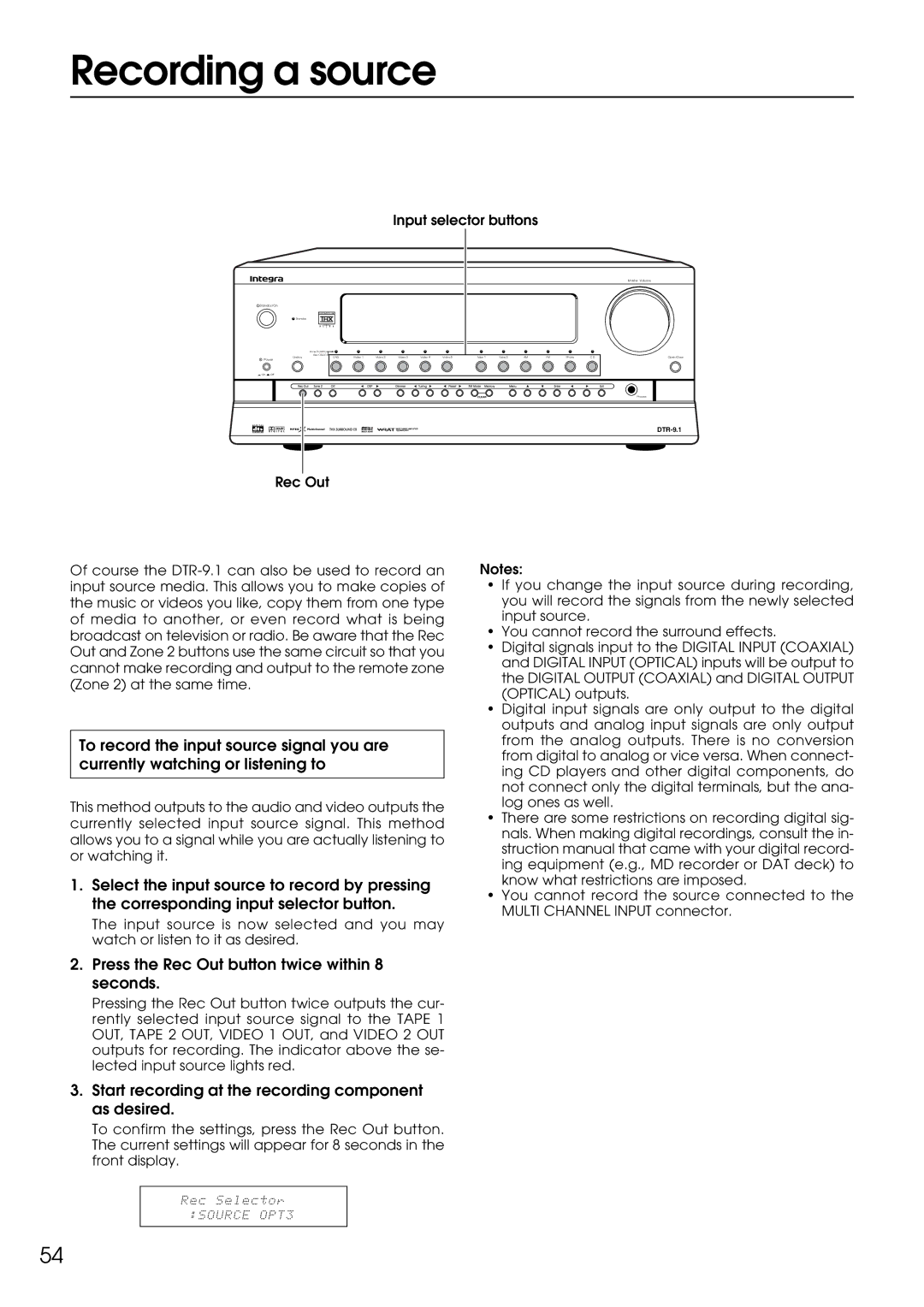 Integra DTR-9.1 appendix Recording a source, Press the Rec Out button twice within 8 seconds 