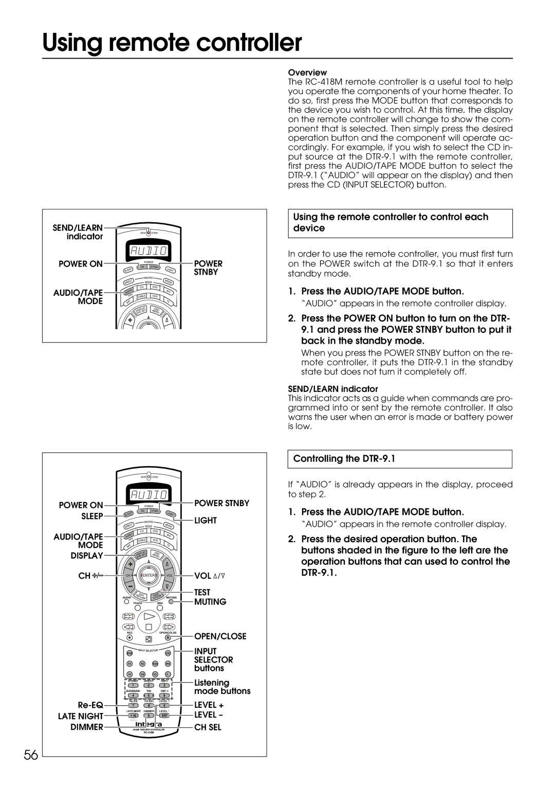 Integra appendix Using remote controller, Using the remote controller to control each device, Controlling the DTR-9.1 