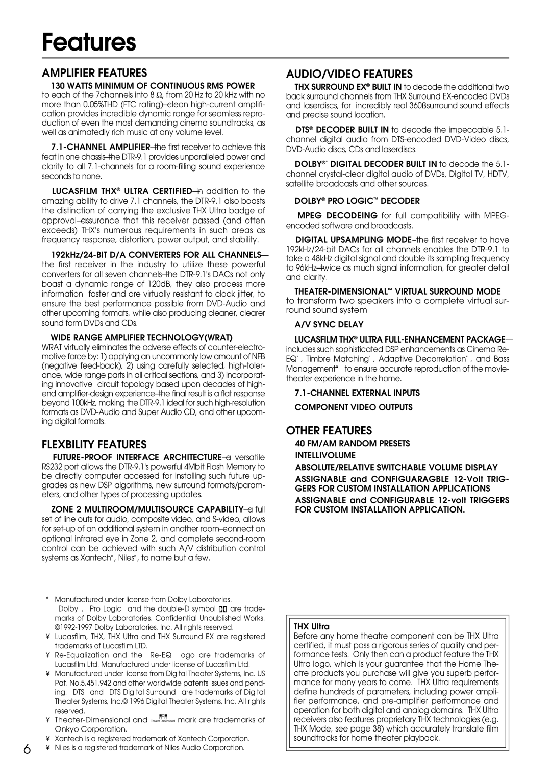 Integra DTR-9.1 appendix Features, Assignable and Configuaragble 12-Volt Trig, THX Ultra 