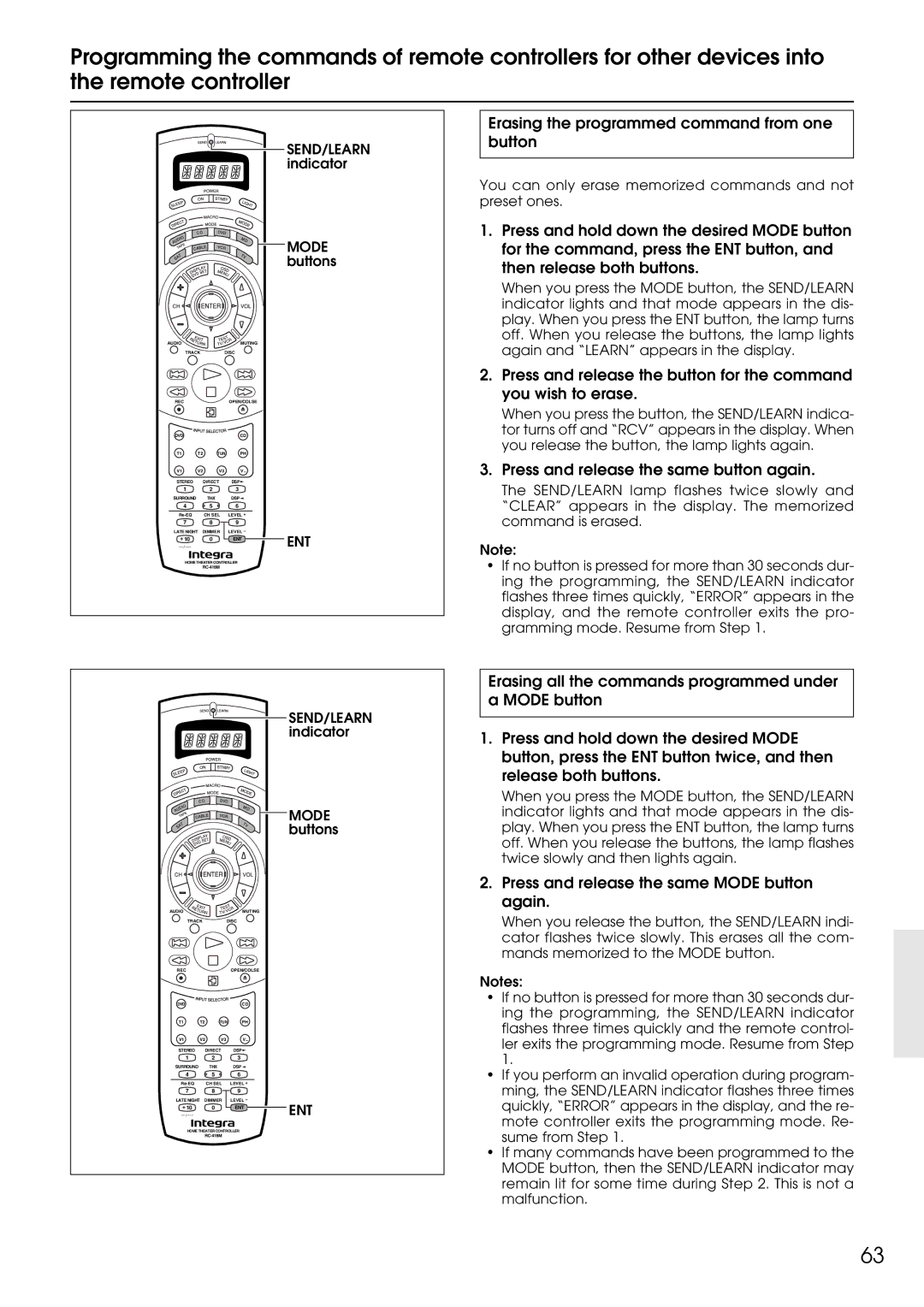 Integra DTR-9.1 appendix Erasing the programmed command from one button, Press and release the same button again 