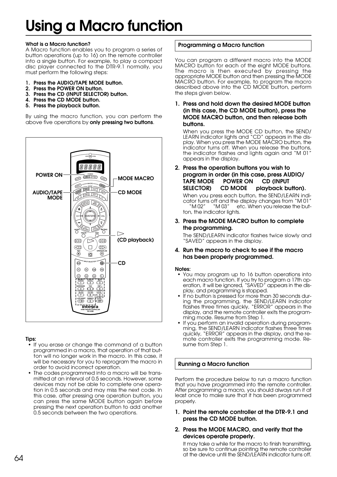 Integra DTR-9.1 appendix Using a Macro function, Programming a Macro function, Running a Macro function 