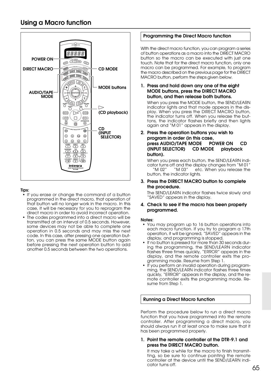 Integra DTR-9.1 appendix Using a Macro function, Programming the Direct Macro function, Running a Direct Macro function 