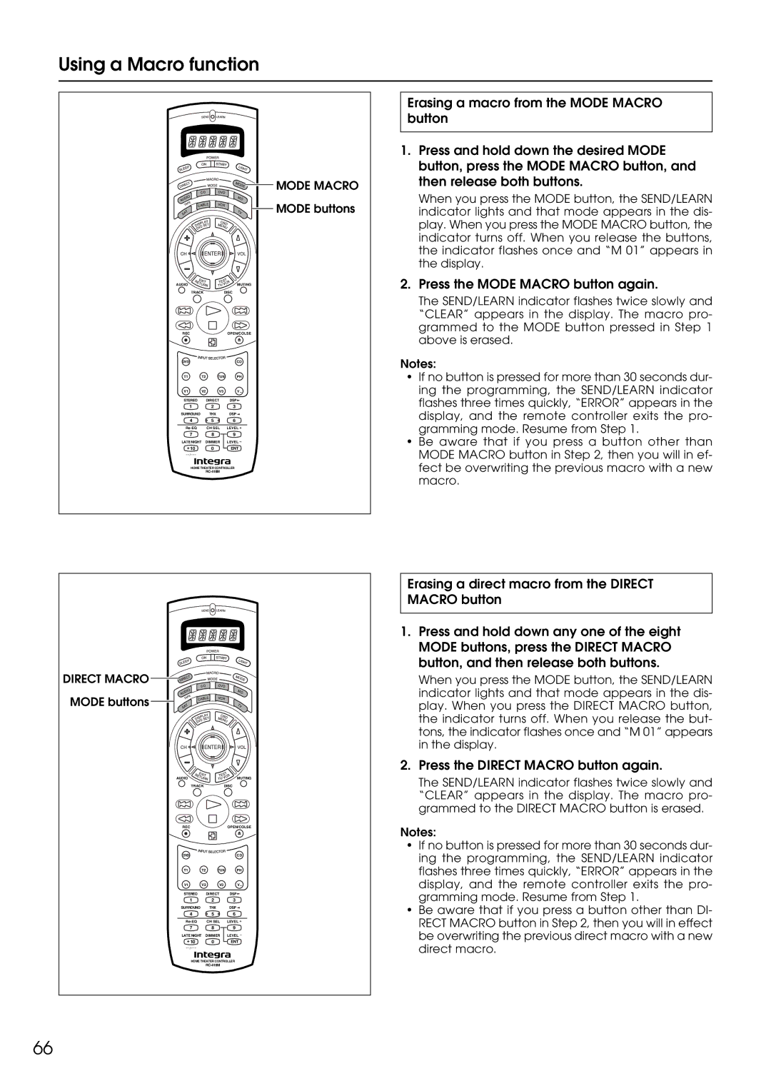 Integra DTR-9.1 appendix Press the Mode Macro button again, Press the Direct Macro button again 