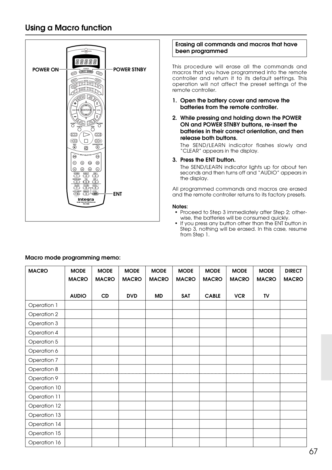 Integra DTR-9.1 appendix Erasing all commands and macros that have been programmed, Press the ENT button, Operation 