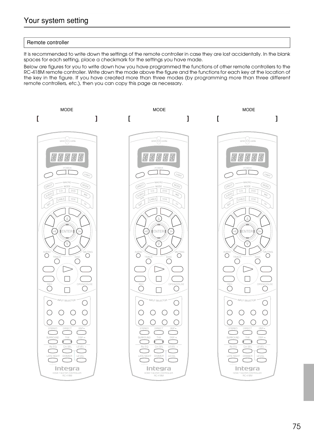 Integra DTR-9.1 appendix Remote controller, Mode 