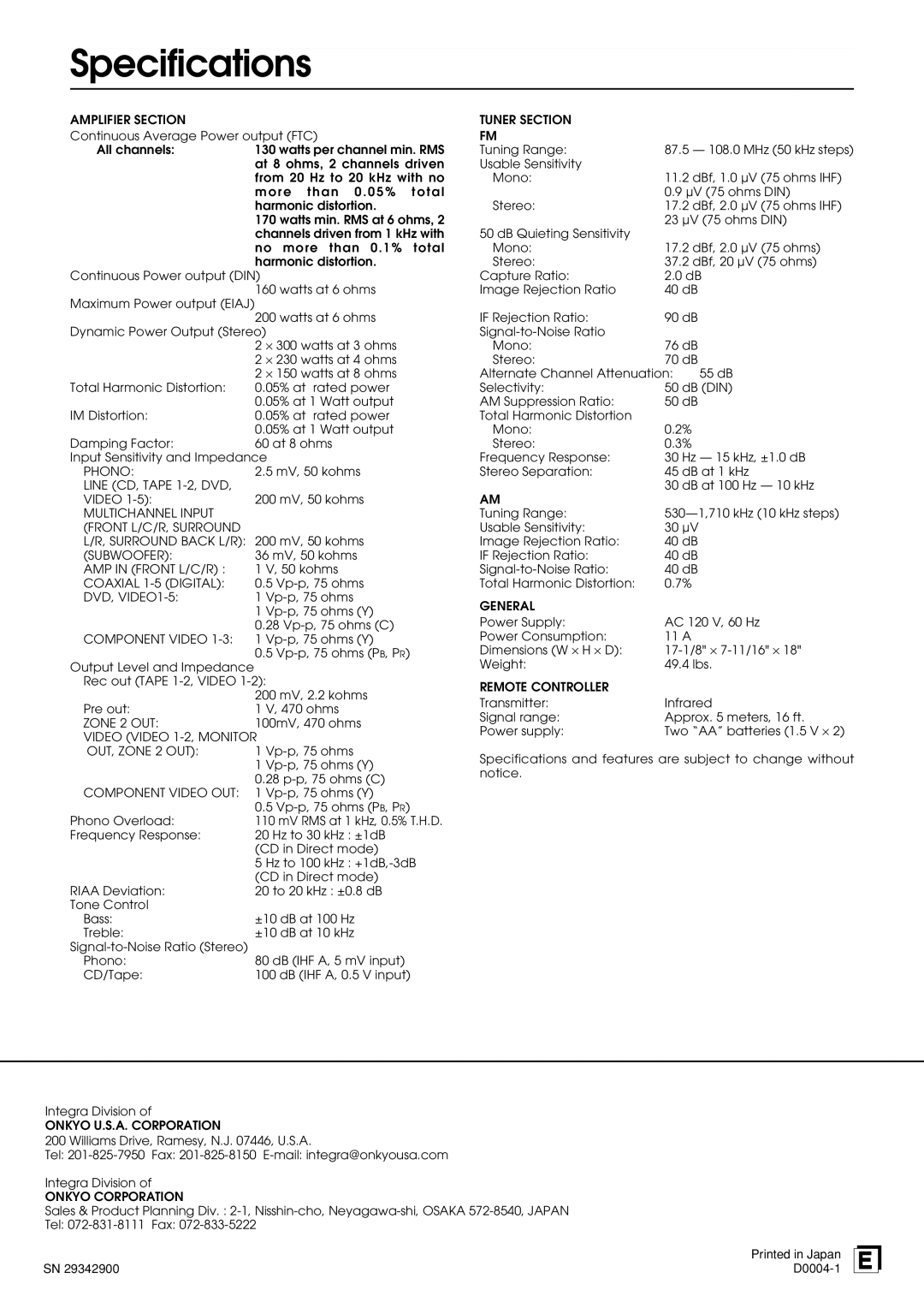 Integra DTR-9.1 appendix Specifications 