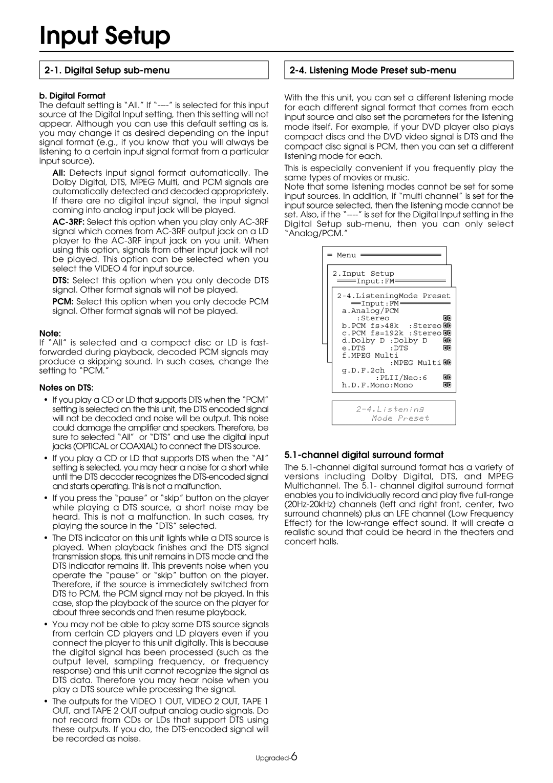 Integra DTR-9.1 appendix Digital Setup sub-menu Listening Mode Preset sub-menu, Channel digital surround format 