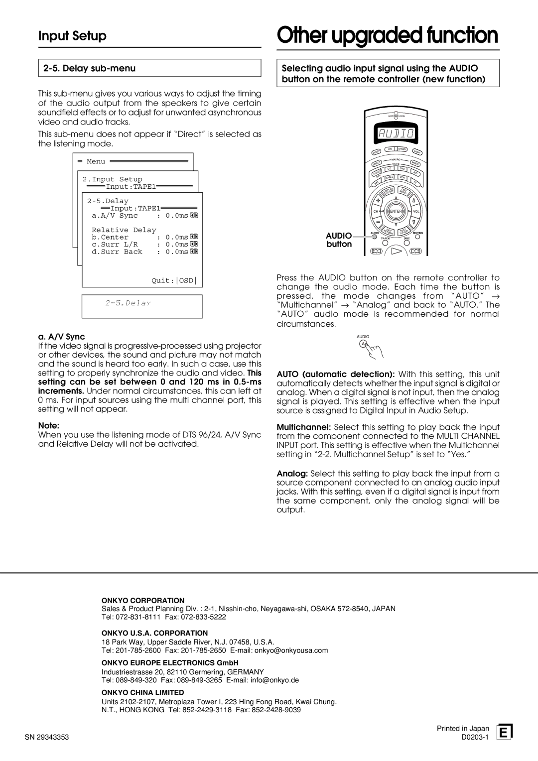 Integra DTR-9.1 appendix Other upgraded function, Delay sub-menu 