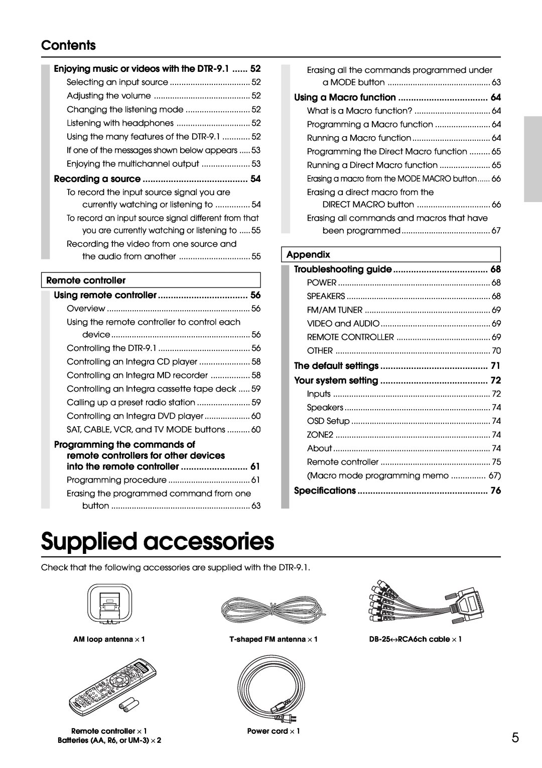 Integra DTR-9.1 appendix Supplied accessories, Contents 