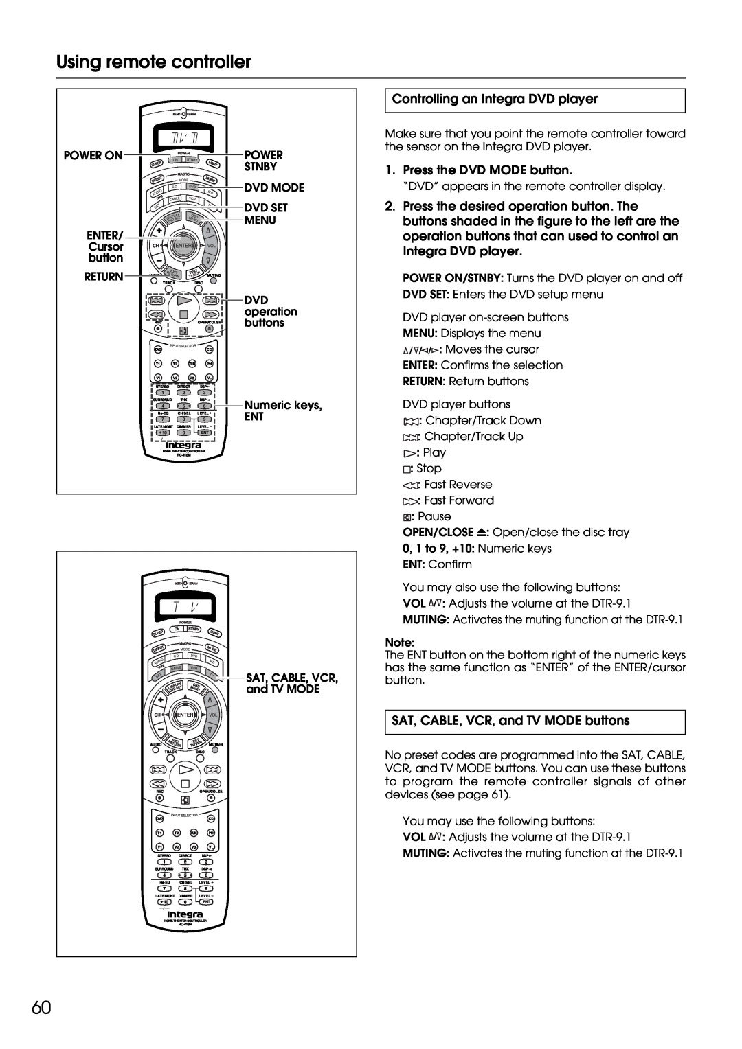 Integra DTR-9.1 appendix Using remote controller, Return, operation, buttons, Numeric keys 