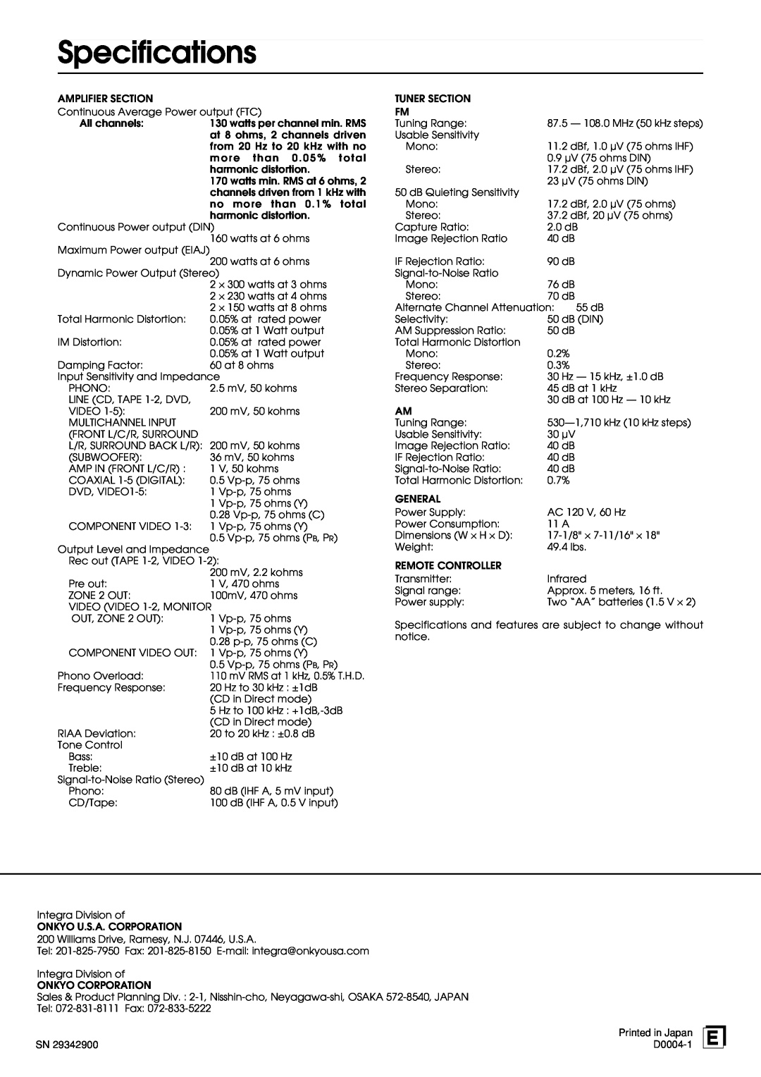 Integra DTR-9.1 appendix Specifications 