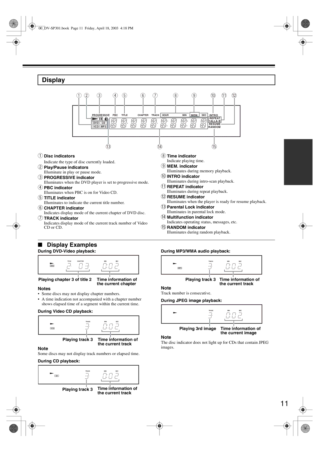 Integra DV-SP301 instruction manual Display Examples 