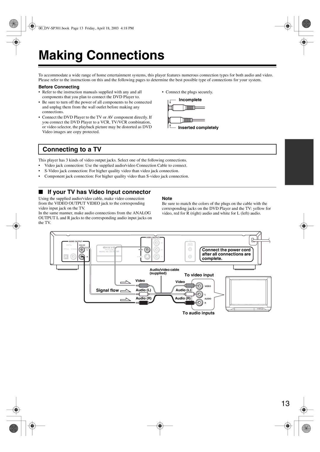 Integra DV-SP301 instruction manual Making Connections, Connecting to a TV, If your TV has Video Input connector 