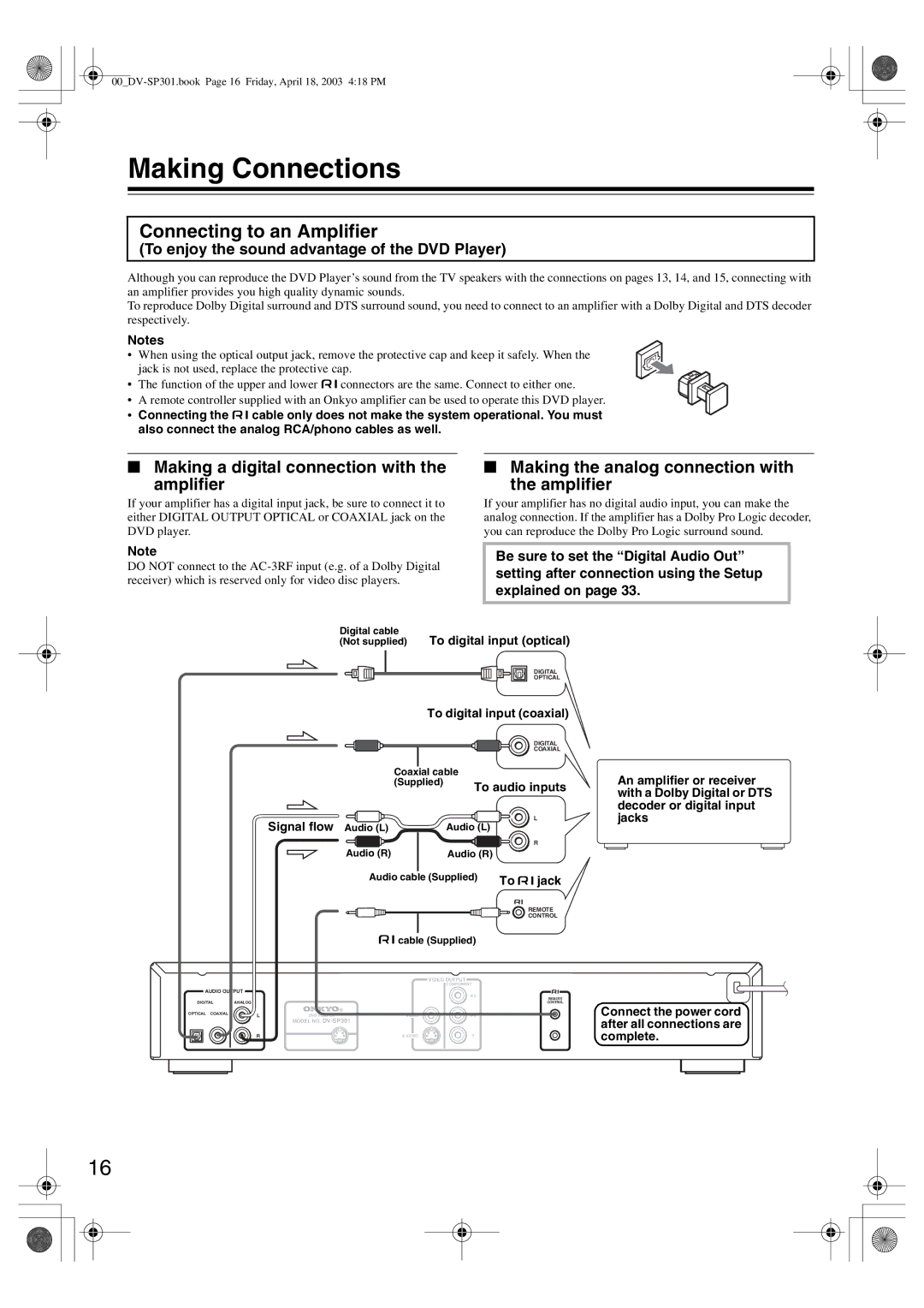 Integra DV-SP301 instruction manual Connecting to an Amplifier, Making a digital connection with the amplifier, To zjack 