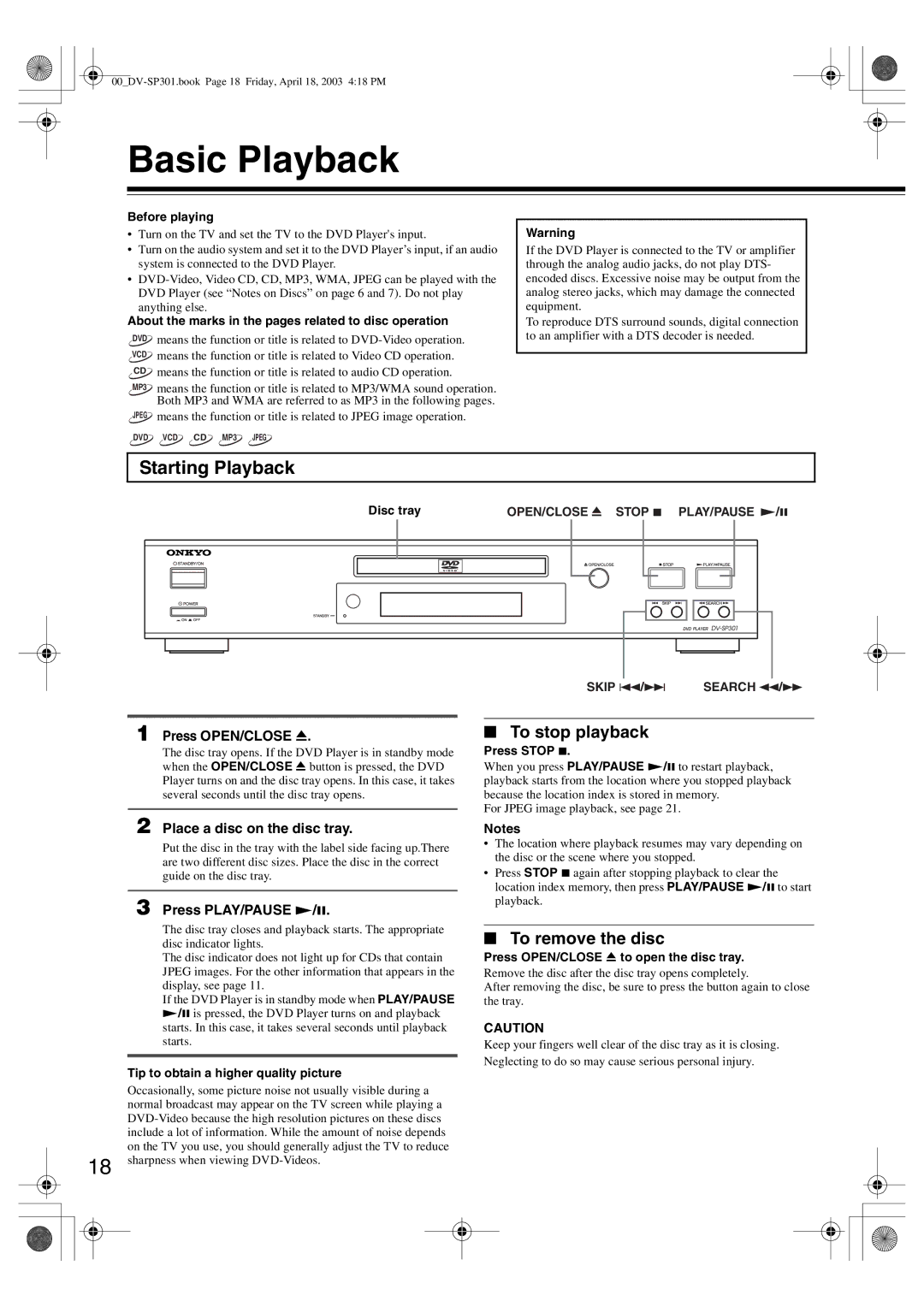 Integra DV-SP301 instruction manual Basic Playback, Starting Playback, To stop playback, To remove the disc 