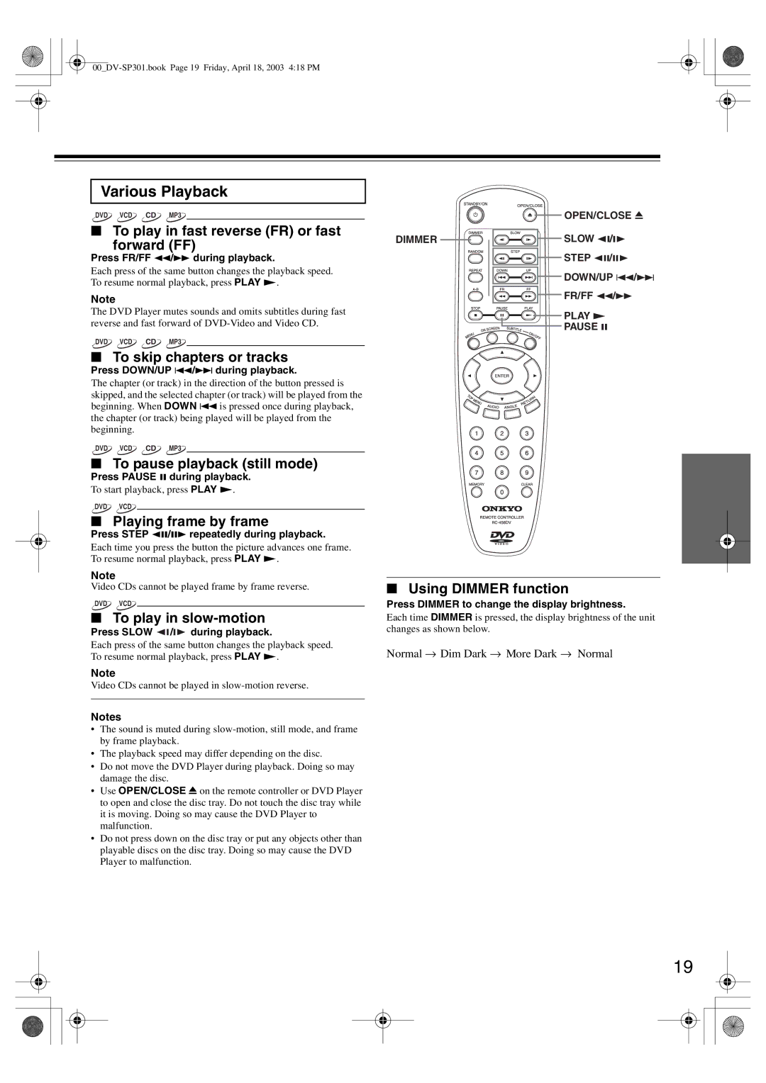 Integra DV-SP301 instruction manual Various Playback 