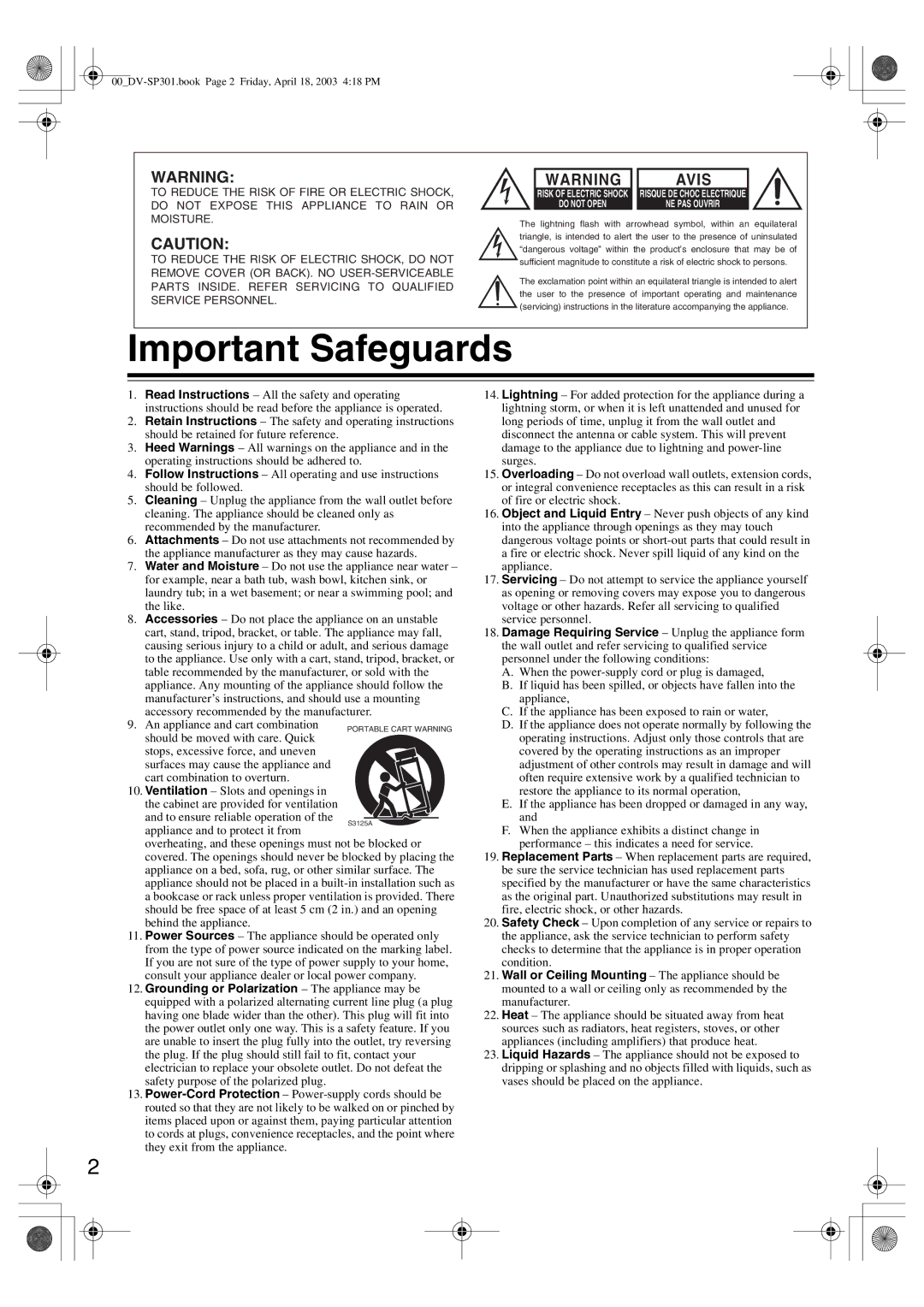 Integra DV-SP301 instruction manual Important Safeguards, Cart combination to overturn 