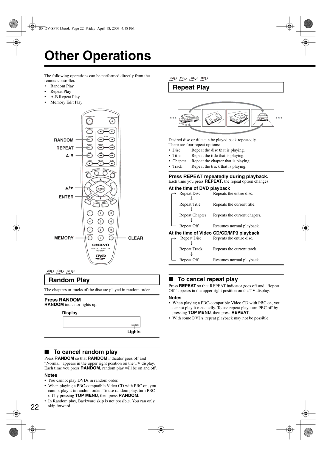 Integra DV-SP301 Other Operations, Repeat Play, Random Play, To cancel repeat play, To cancel random play 