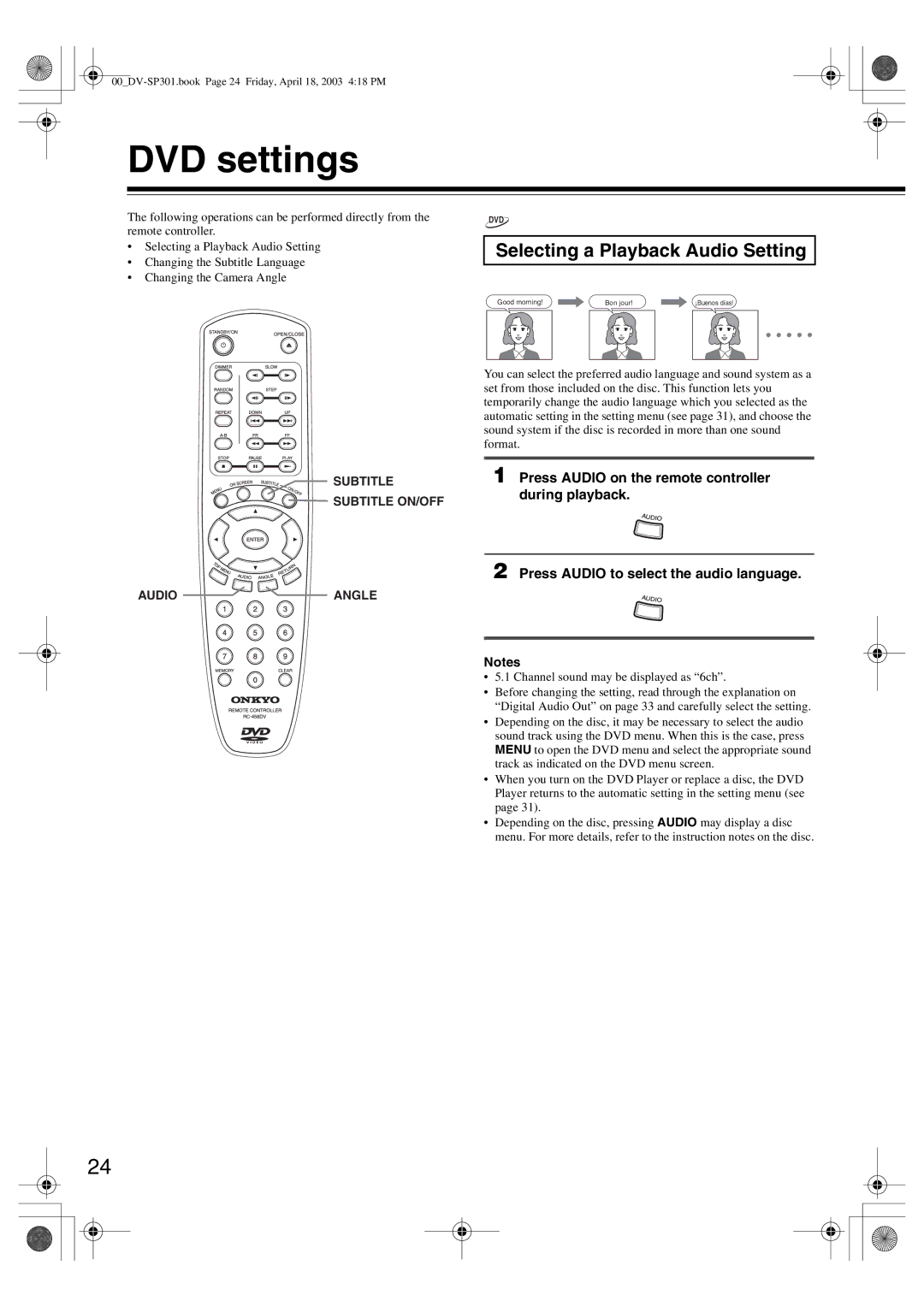 Integra DV-SP301 instruction manual DVD settings, Selecting a Playback Audio Setting, Subtitle Subtitle ON/OFF Audio Angle 