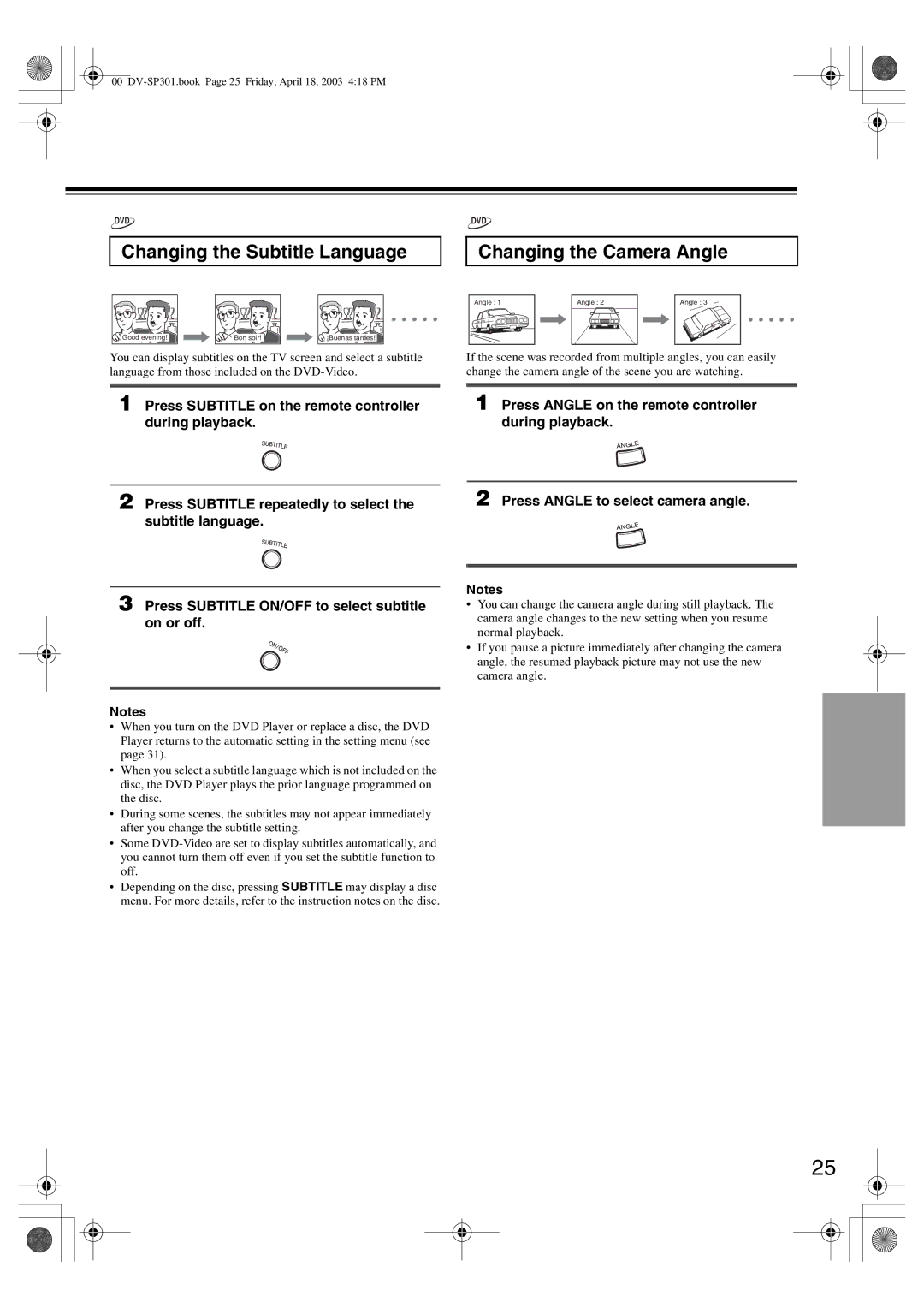 Integra DV-SP301 instruction manual Changing the Subtitle Language, Changing the Camera Angle 