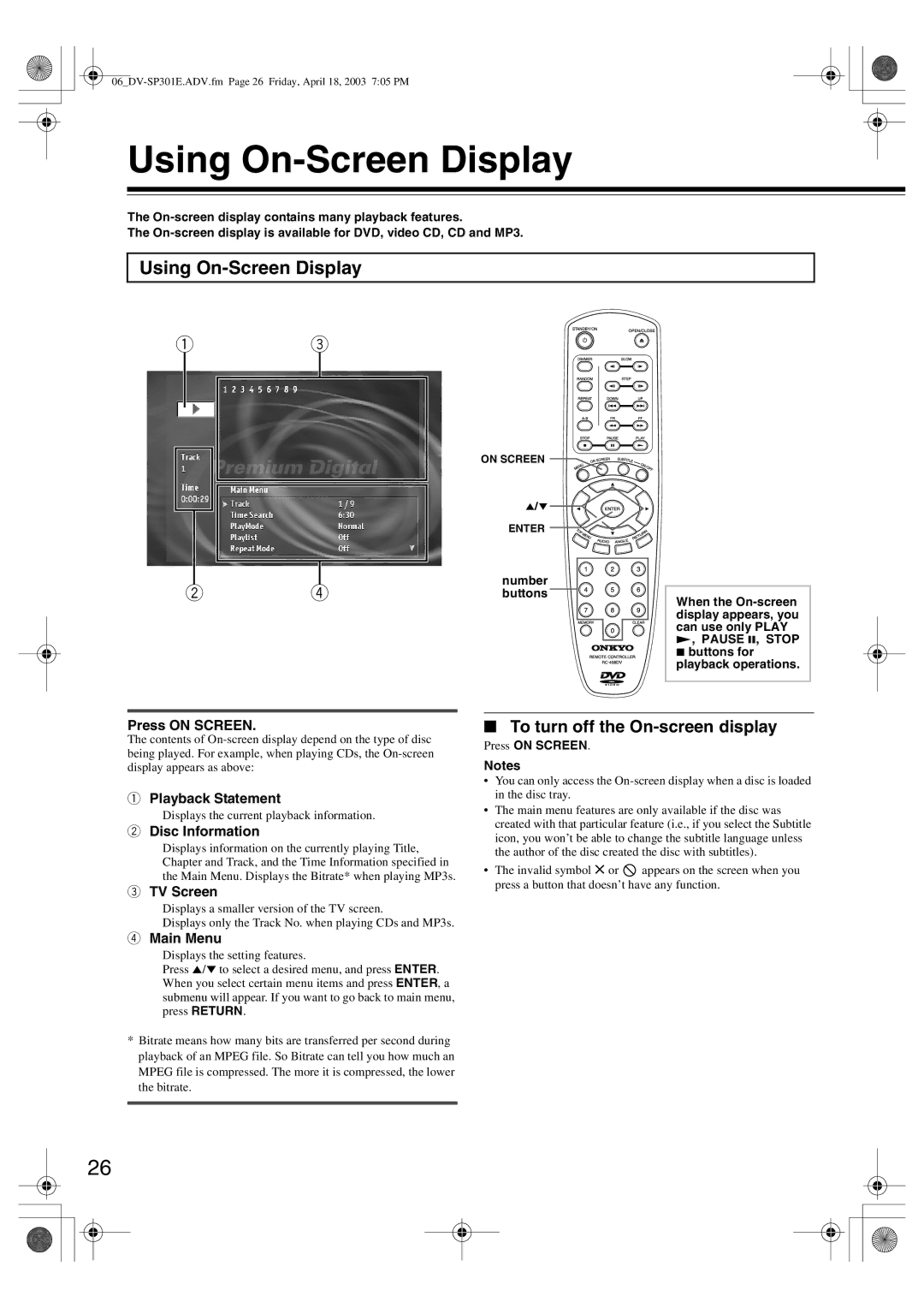 Integra DV-SP301 instruction manual Using On-Screen Display, To turn off the On-screen display 