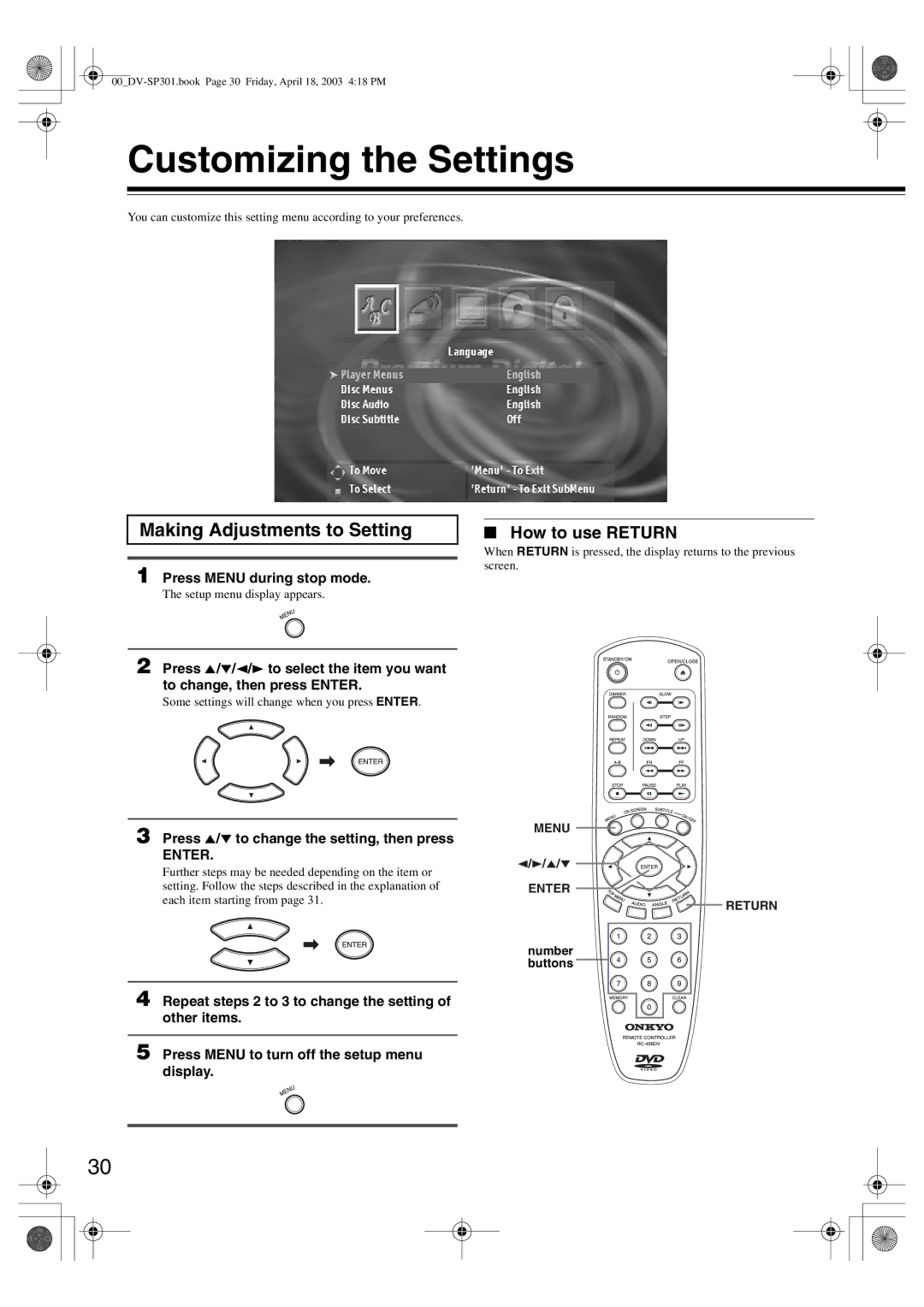 Integra DV-SP301 Customizing the Settings, Making Adjustments to Setting, How to use Return, Press Menu during stop mode 