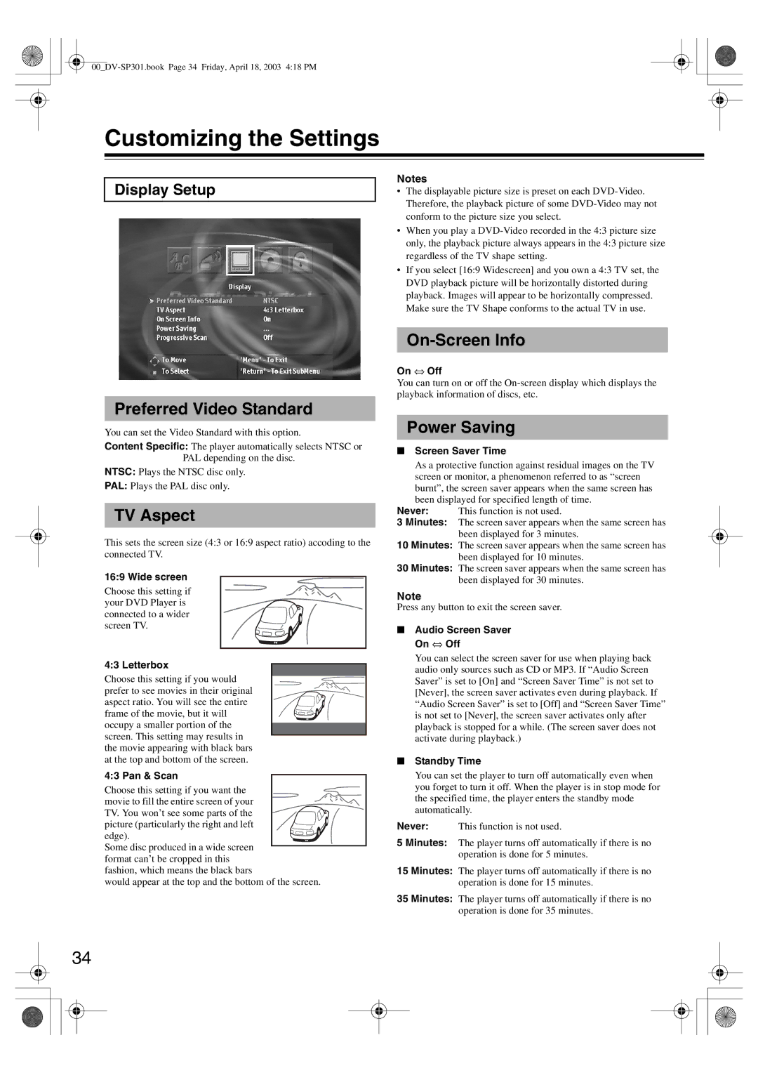 Integra DV-SP301 instruction manual Display Setup 