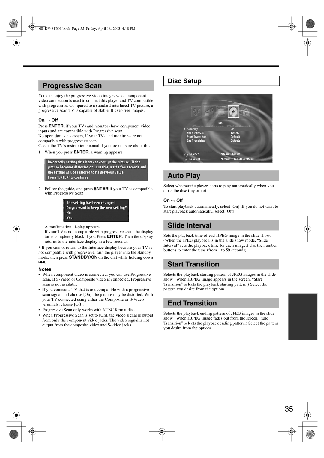 Integra DV-SP301 instruction manual Progressive Scan, Disc Setup 