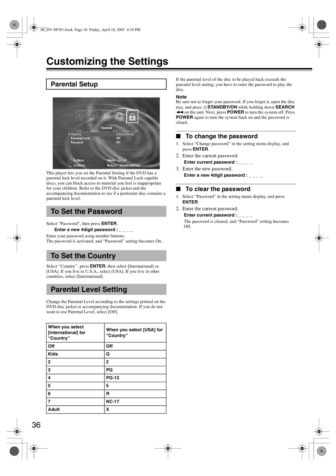 Integra DV-SP301 instruction manual Parental Setup, To change the password, To clear the password, Enter 