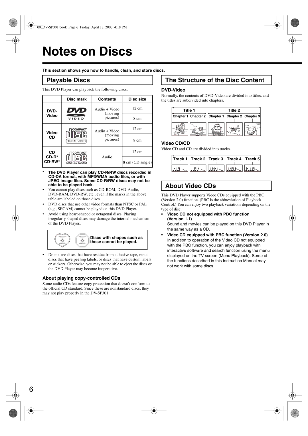 Integra DV-SP301 instruction manual Playable Discs, Structure of the Disc Content, About Video CDs 