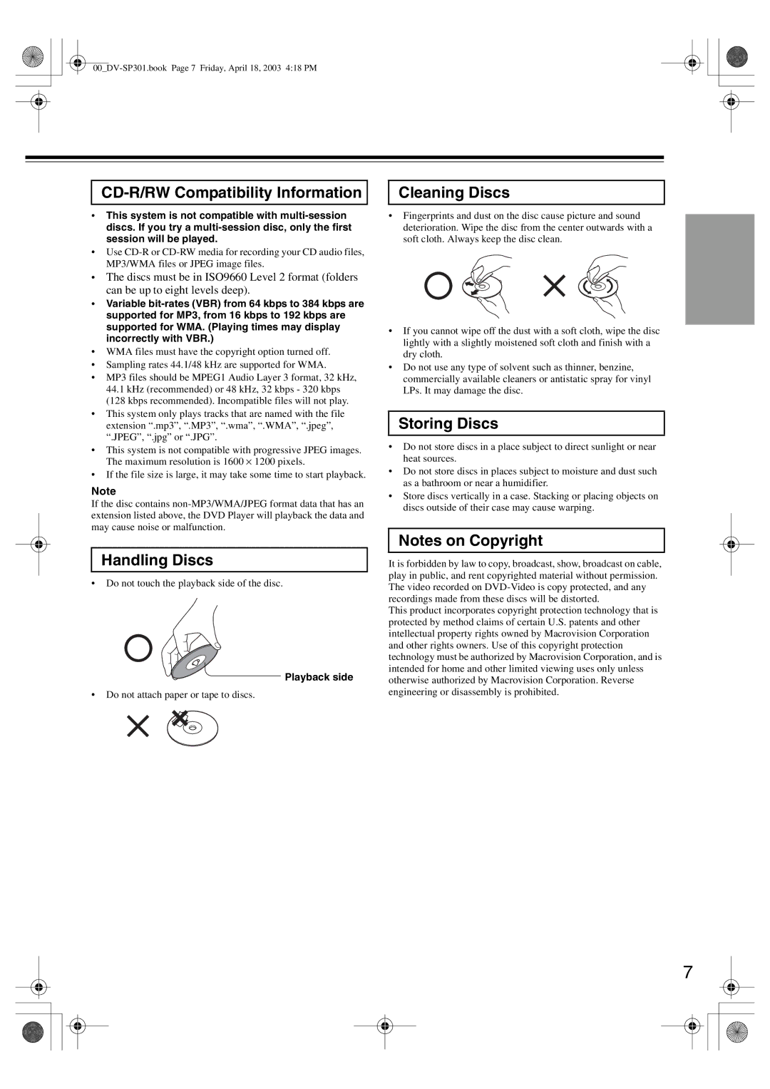 Integra DV-SP301 CD-R/RW Compatibility Information, Handling Discs, Cleaning Discs, Storing Discs, Playback side 